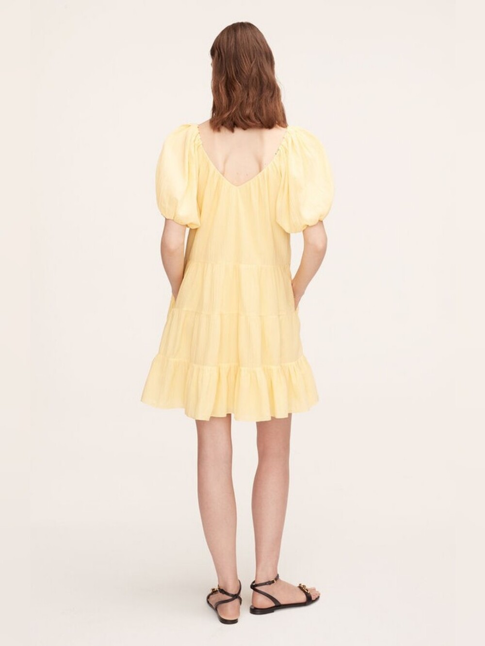 Rebecca Taylor Butter Yellow Silk Tiered Babydoll Mini Dress Puff Sleeve Size L - Picture 2 of 11